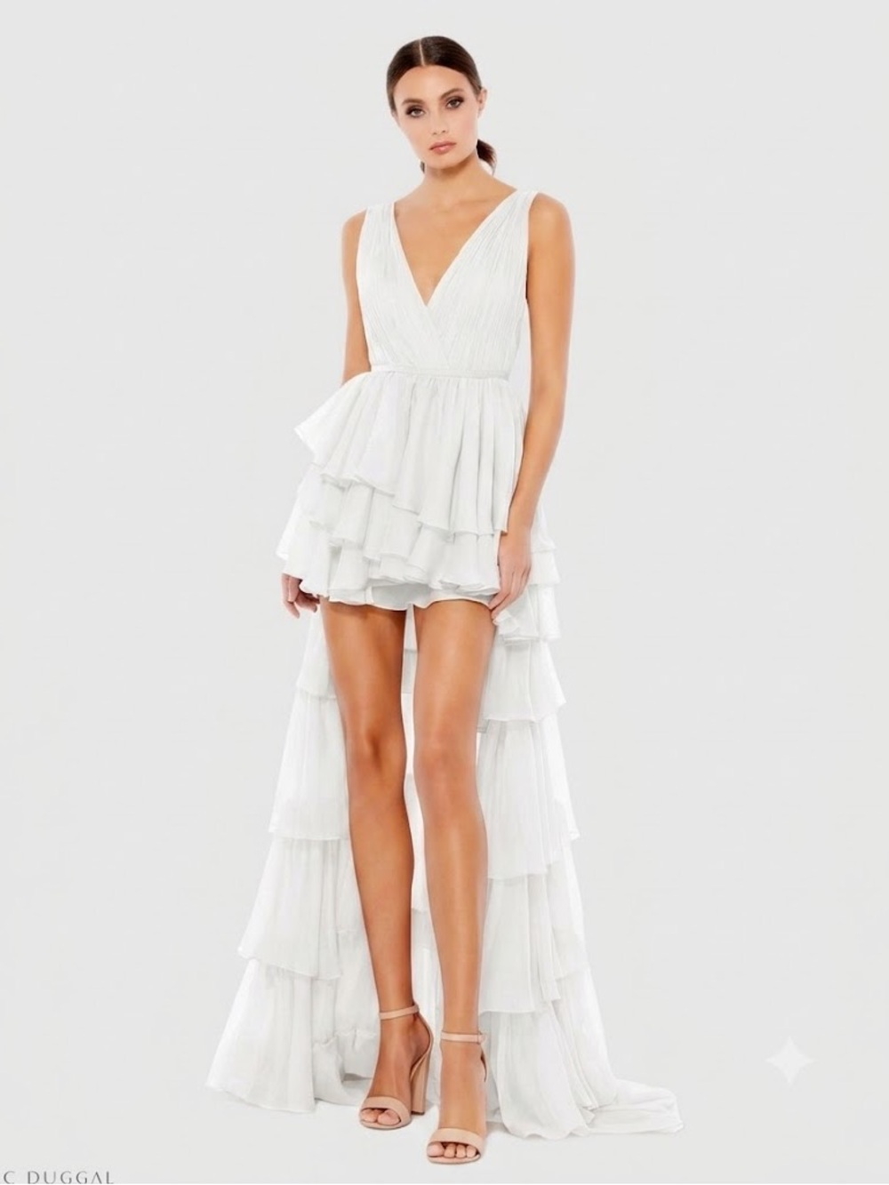 NWT Mac Duggal White High-Low Ruffle V-Neck Tiered Dress